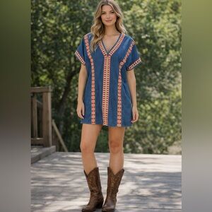 Zara Denim Embroidered Festival Dress Size Large